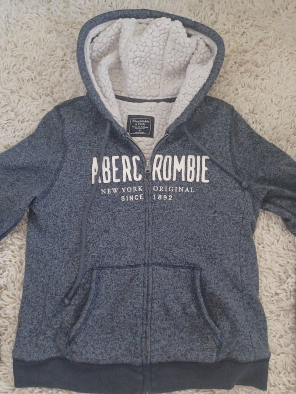 Abercrombie & Fitch Hoodie M Gray Sherpa Lined Full Zip Spell Out Y2K A&F